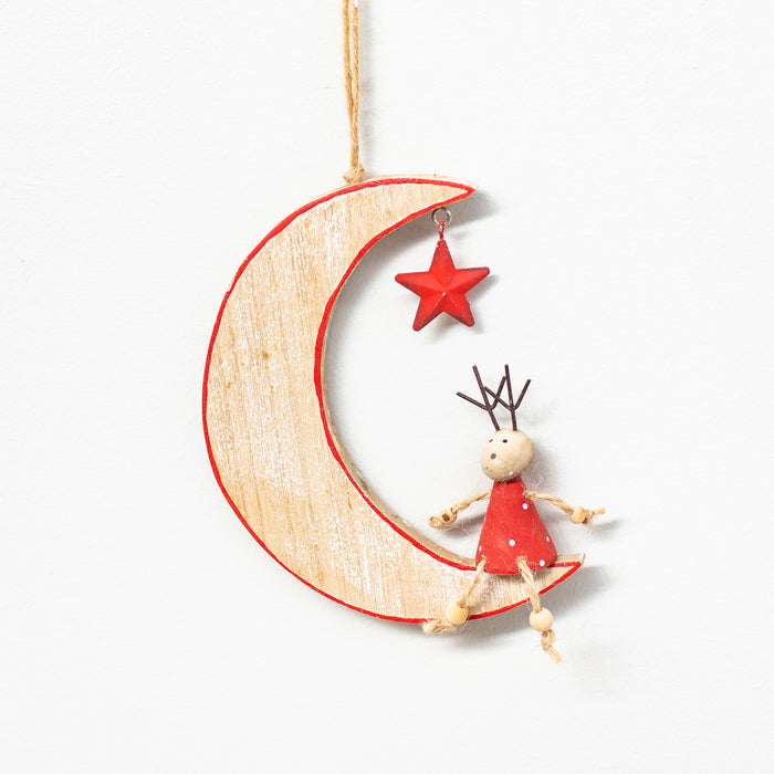 Wooden Moon and Reindeer Hanger