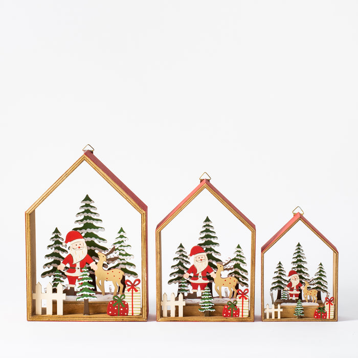 Large Wooden Red House with Santa