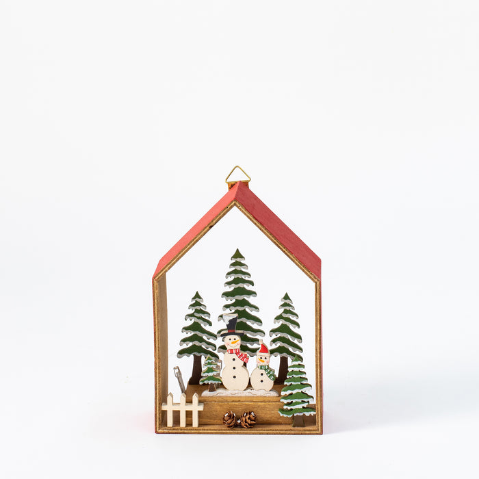 Small Wooden Red House with Snowmen