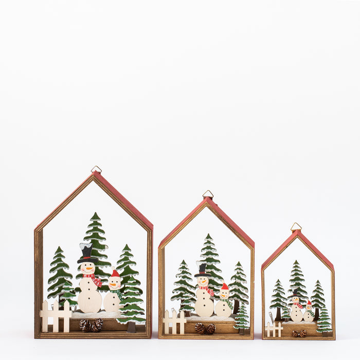 Small Wooden Red House with Snowmen