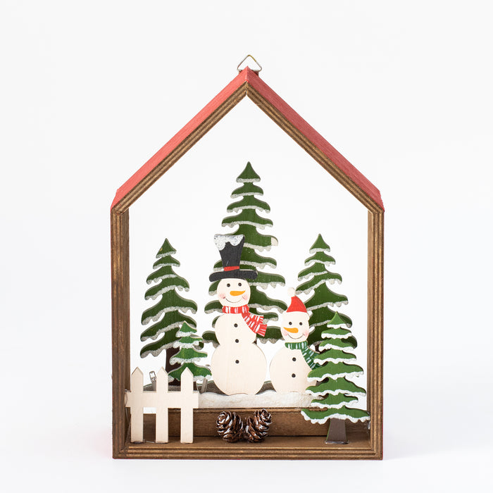 Large Wooden Red House with Snowmen