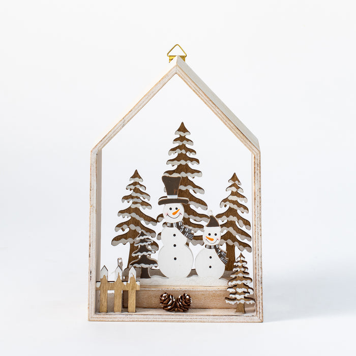 Medium Wooden House with Snowmen