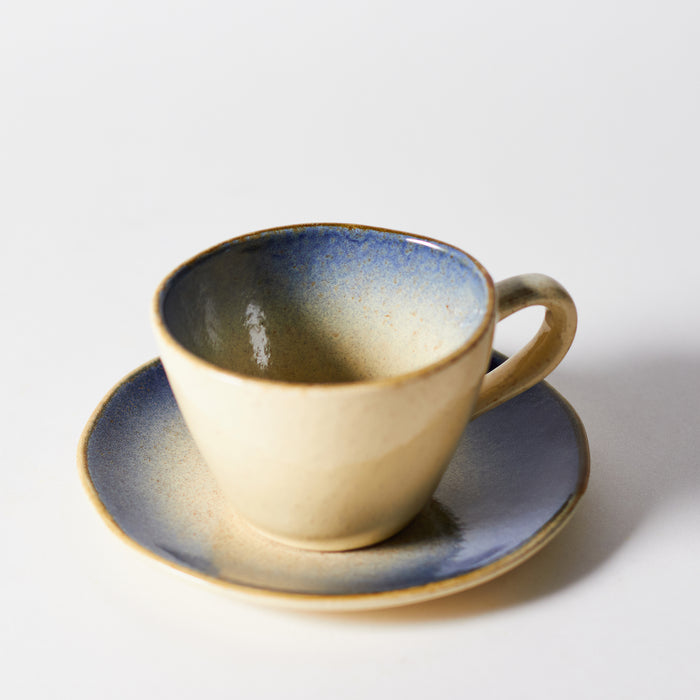 Coffee Cup and Saucer - Ivory/Blue