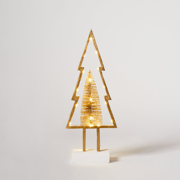 Sm Wooden Tree with Lights - Gold