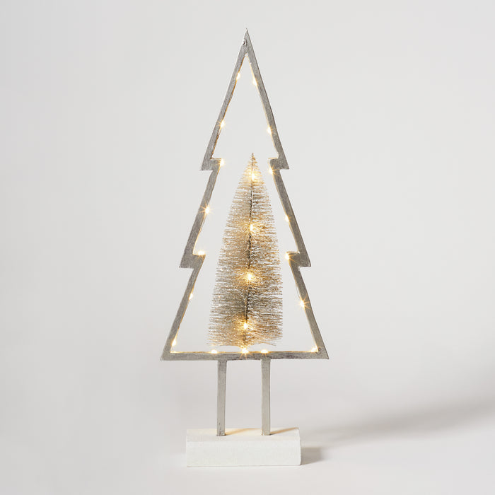 Lg Wooden Tree with Lights - Silver