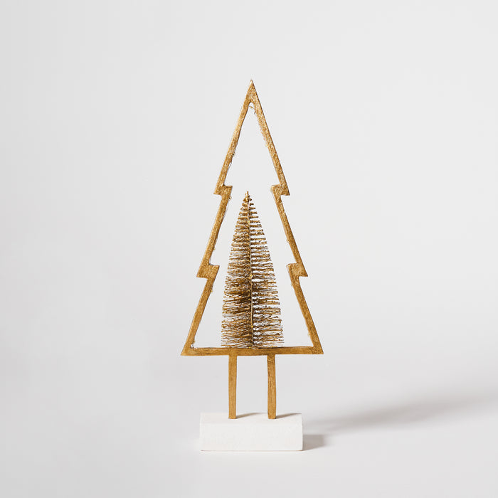 Sm Wooden Tree with Lights - Gold