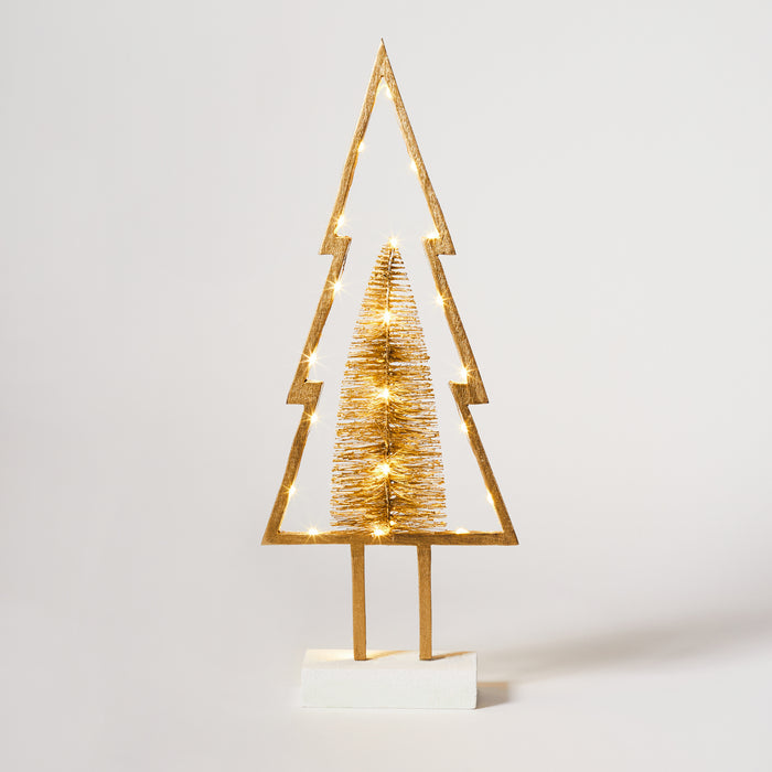 Lg Wooden Tree with Lights - Gold