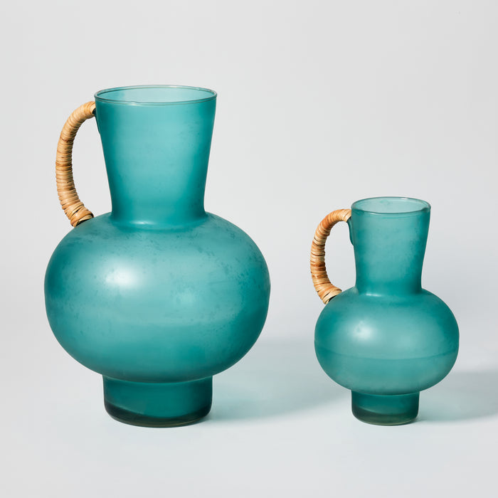 Lg Rattan & Glass Pitcher - Teal