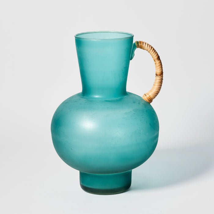 Lg Rattan & Glass Pitcher - Teal