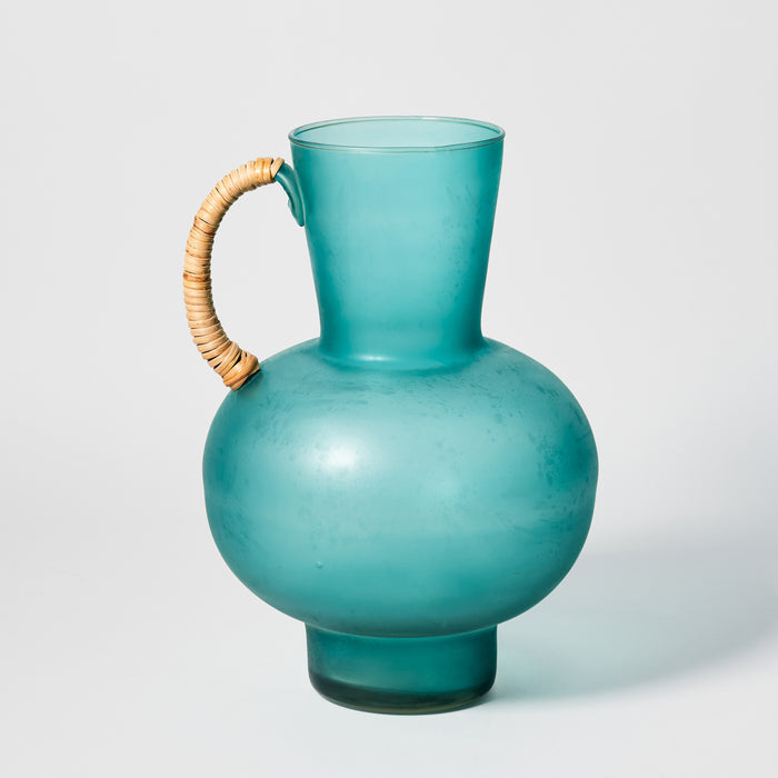 Lg Rattan & Glass Pitcher - Teal