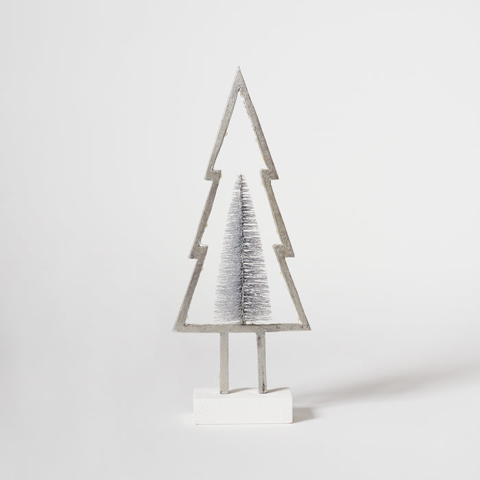 Sm Wooden Tree with Lights - Silver