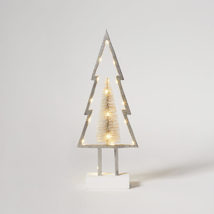 Sm Wooden Tree with Lights - Silver